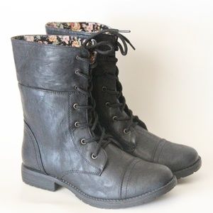 Black Combat Short Heel Mid Calf Boots Red Floral